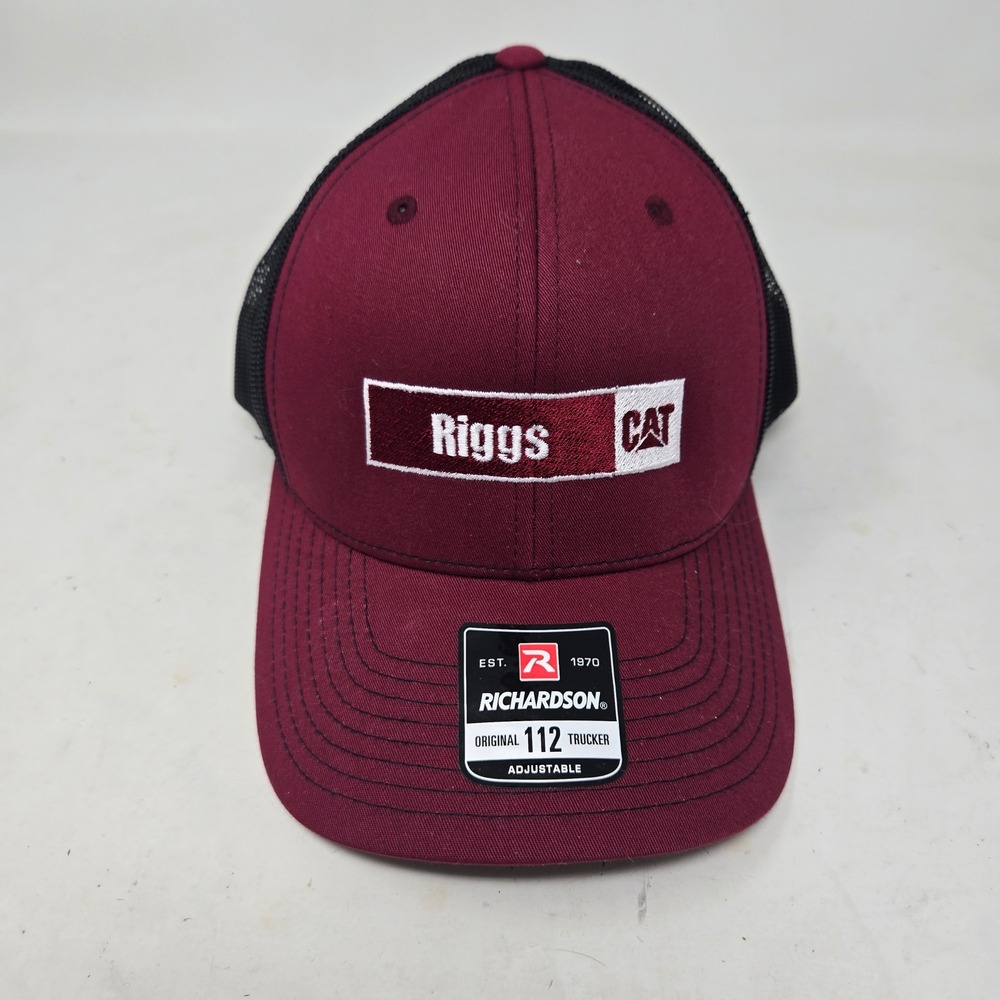 Richardson 112 Trucker Hat Riggs CAT Caterpillar Maroon Black Mesh Snapback Cap